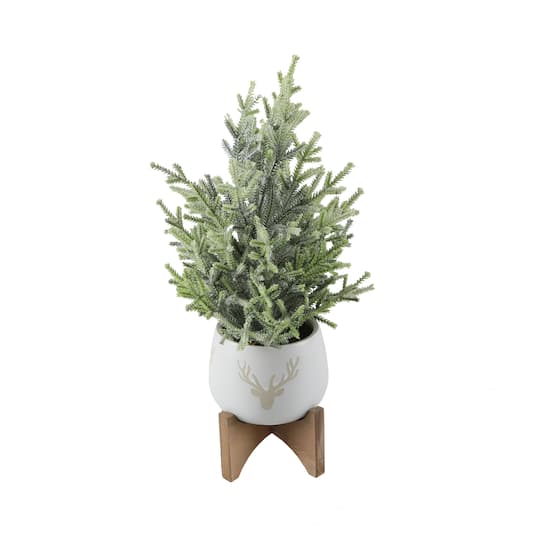 16" Unlit Frosted Artificial Christmas Tree in Staghead Ceramic Pot on Wood Stand